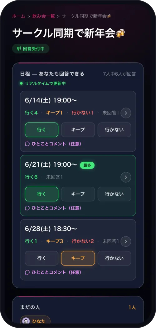 実アプリの日程投票画面。いちばん多くの人が行けると答えた候補日に「最多」が付いています。